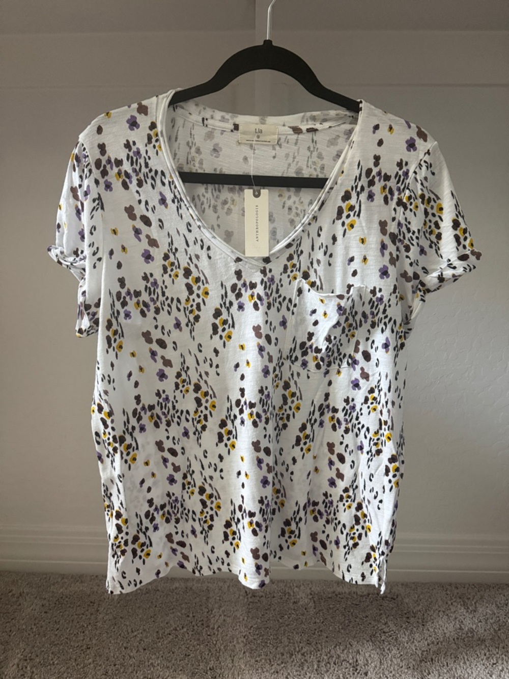 Anthropologie White V-Neck Pocket Tee with Purple & Yellow Spot Print